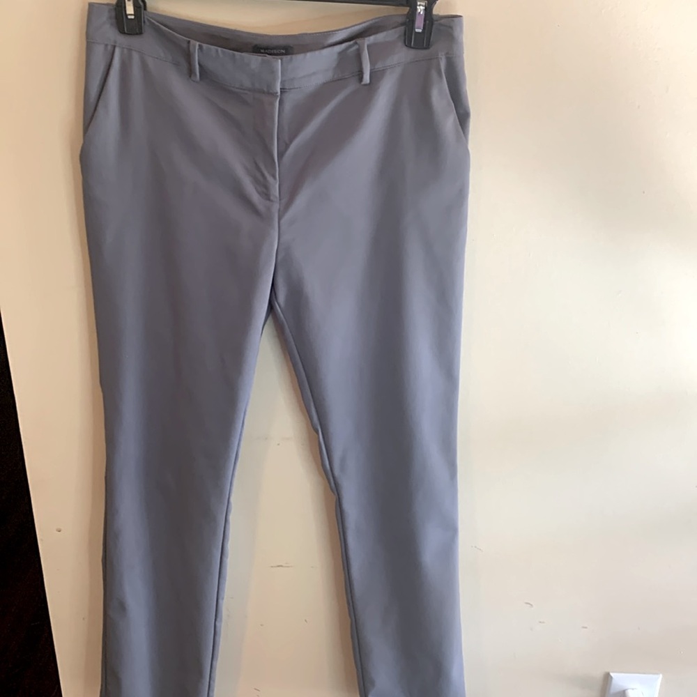 Light gray zip front Madison tailor trousers side pockets Faux slitback pockets